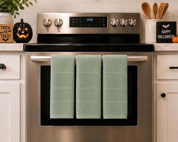 Sage Green Kitchen Hand Dish Towels, Set of 3, 100% Cotton, 18" x 28" | Terry Loop Textured, Soft & Absorbent Cleaning Cloth, Quick Dry, Multipurpose for Everyday Use