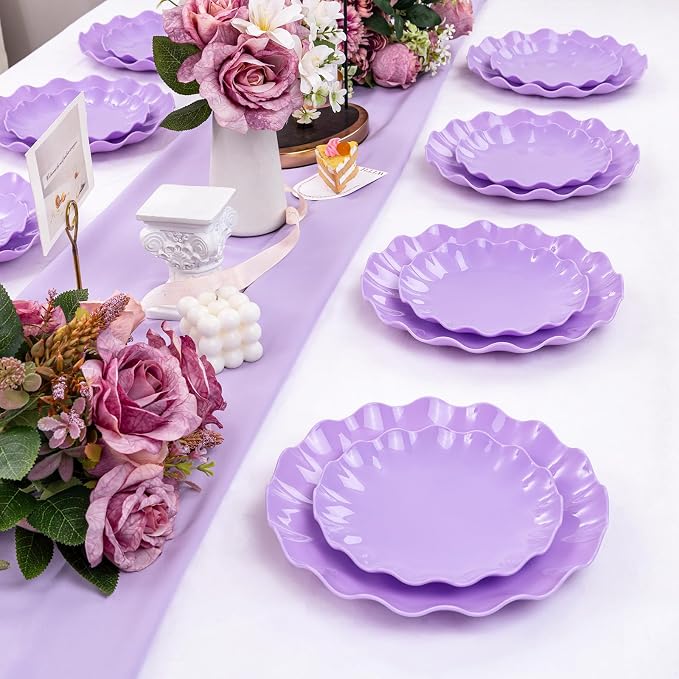 LIYH 24pcs Purple Plastic Plates Reusable, Unbreakable Dinner Plates, Scalloped Plate, Microwave & Dishwasher Safe Unbreakable Party Plate for Birthday Party (12Guests)