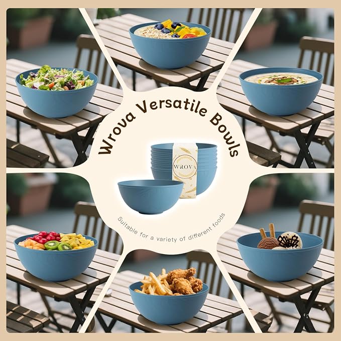 Wheat Straw Salad Bowls for Kitchen set of 6,Anti-Scald Thick Soup Bowls 40oz,Microwave and Dishwasher Safe Bowl set easy to clean. Blue
