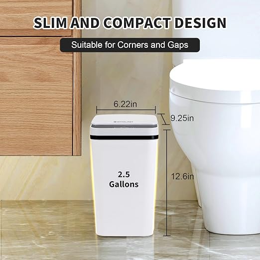 2 Pack Bathroom Trash Can with Lid, 2.5 Gallon Small Slim Trashcan, Automatic Trash Can Touchless, Motion Sensor Waterproof Plastic Trash Bin for Bedroom Kitchen Office Living Room (White)