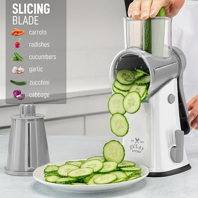 Zulay Kitchen Rotary Cheese Grater 5 Blade Cheese Shredder - Manual Hand Crank Cheese Grater With Reinforced Suction & 5 Interchangeable Drums - Easy to Use, Vegetable Chopper Round Mandoline Slicer