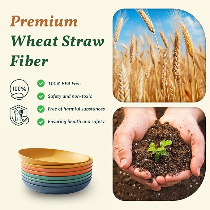 10 inch Wheat Straw Dinner Plates Set of 8 - Alternative to Plastic, Microwave & Dishwasher Safe, Unbreakable Kids Plates with 4 Colors (Classic Bright)