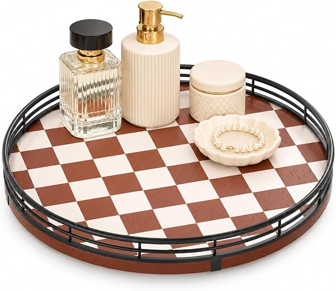 AMH 10-Inch Brown Checkerboard Lazy Susan Organizer with Black Metal Rail | Smooth rotating oak tray with walnut finish for dining tables, kitchen counters, pantries and cabinet storage.