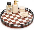 AMH 10-Inch Brown Checkerboard Lazy Susan Organizer with Black Metal Rail | Smooth rotating oak tray with walnut finish for dining tables, kitchen counters, pantries and cabinet storage.