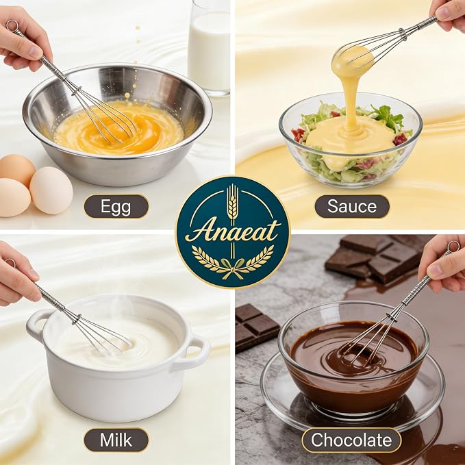 Anaeat Mini Wire Whisks, Set of 4 Portable Stainless Steel Kitchen Tiny Whisk & Egg Beater with Thick Wire - Sturdy Small Mixing Balloon for Cooking, Blending, Whiping, Beating and Stirring (5" + 7")