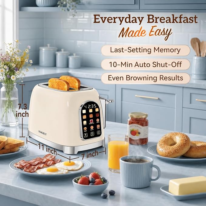 RONGBEST Retro 2 Slice Touchscreen Toaster with Stainless Steel Wide Slot for Breakfast Bread Bagel, Reheat & Defrost, 6 Browning Levels, Removable Crumb Tray, Cream Color