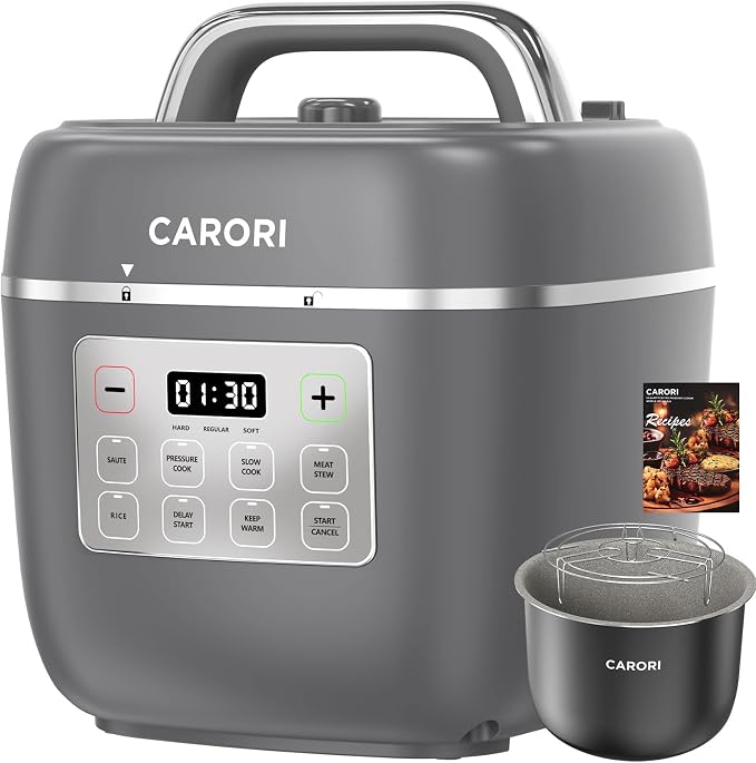 CARORI 3 Qt Electric Pressure Cooker, 8-in-1 Compact Multi-Cooker with Ceramic Nonstick Pot, 700W, Sauté, Slow Cook, Rice, Stew, Delay Start, Keep Warm, Gray