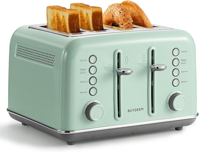 BUYDEEM DT640 4-Slice Toaster, 7 Shade Settings, Extra Wide 1.5’’ Slots for Bagel & English Muffin, 6 Toasting Functions, Retro Stainless Steel Toaster with High Lift Lever, 1800W, Green