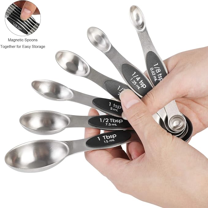 Magnetic Measuring Spoons Set Stainless Steel Dual Sided Stackable Teaspoon | Tablespoon for Measuring Dry and Liquid Ingredients