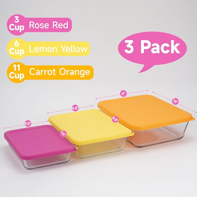 LUVCOSY 3 Cup 6 Cup 11 Cup Rectangle Silicone Storage Cover Lids Replacement for Pyrex 7210-PC, 7211-PC, 7212-PC Glass Bowls, (Container not Included) 3 Pack, Microwave, Dishwasher and Freezer Safe
