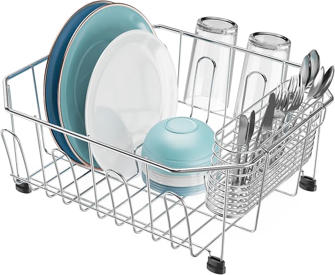 Small in Sink Dish Drying Rack - Stainless Steel for RV Kitchen | Compact Design for Apartments, Angled Corners Fit Square & Round Sinks, Utensil Holder, Cup Hooks, 1-2 Person, 11.6" x 13.4"