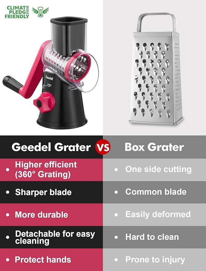 Geedel Rotary Cheese Grater Hand Crank, Cheese Shredder Vegetable Slicer | 3 Blades, 430 Stainless Steel, 12x Fast Cutting, Strong Suction Base, No BPA, Dishwasher Safe, for Cheese, Veggie, Nut