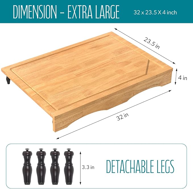 Extra Large Solid Wooden Cutting Board and Stovetop Cover, 3 in 1 Stove Top Cover Chopping Board with Detachable Legs and Juice Groove, Sink Cover Board