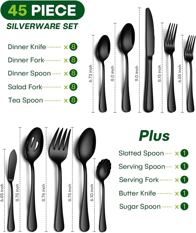 PHILIPALA 45 Piece Black Silverware Set with Serving Utensils, Stainless Steel Flatware Set for 8 Food Grade Cutlery Utensil Set Include Knife Fork Spoon Mirror Polished Dishwasher Safe