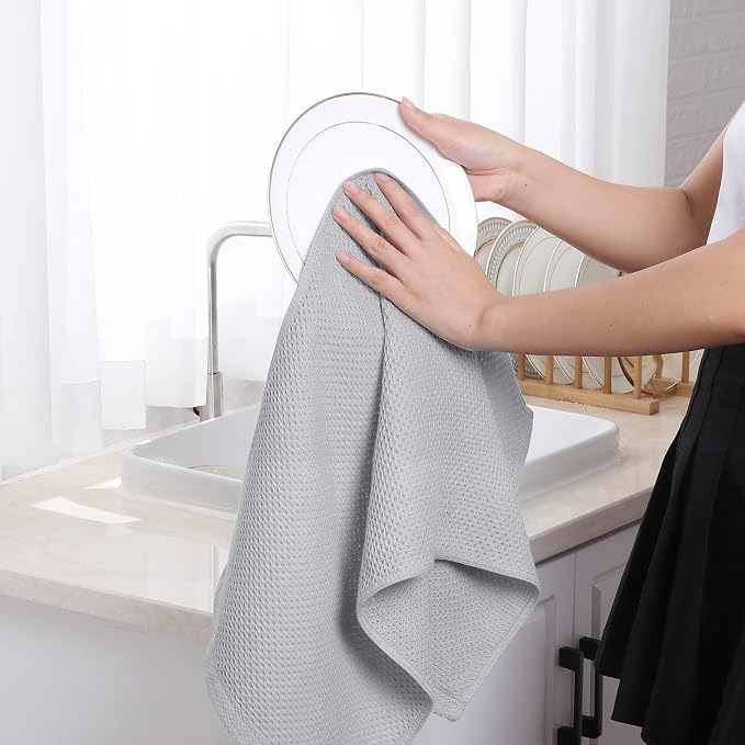 Homaxy 100% Cotton Waffle Weave Kitchen Towels, 3-Pack, Light Gray | 13 x 28 Inches, Ultra Soft Absorbent Dish Towels, Quick Drying Cleaning Towels