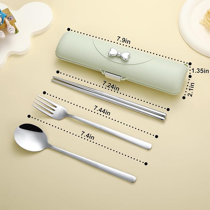 DEVICO Travel Silverware Set with Case,Portable Lunch Utensils Set for Work | 4Pcs 18/8 Stainless Steel Reusable Travel Cutlery Set, Fork and Spoon Set for Camping/School/Lunch Box, Dishwasher Safe,Green