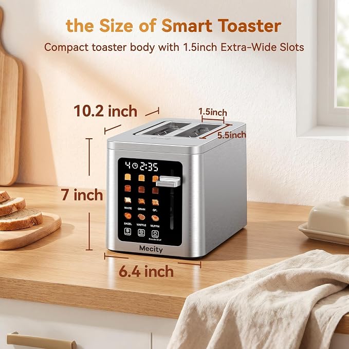 Mecity 2 Slice Toaster Smart Touchscreen, Stainless Steel Wide Slot Toasters Defrost, Reheat, Memory Function, Auto Shutoff, Digital Electric Bread Toaster for Bagel Muffin Waffle, 120V
