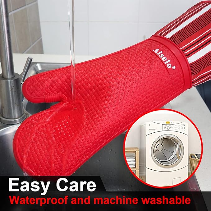 Alselo Silicone Oven Mitts Set, Heat Resistant 550 Degree,7.5"x16" | Extra Long Kitchen Mittens,Waterproof & Non-Silp Oven gloves for Baking Cooking Barbecue Microwave (Extra Long Red, 2)
