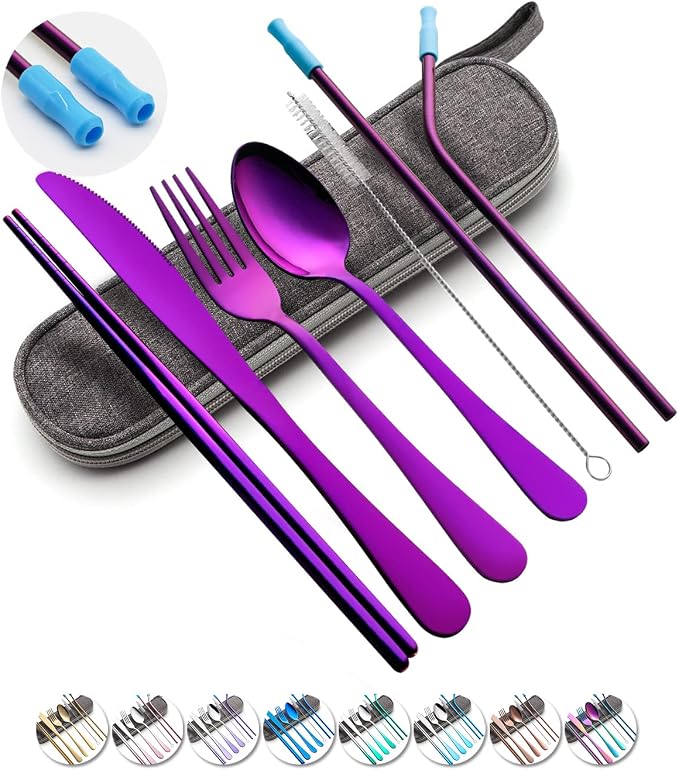 Travel Utensils Set with Case Reusable Portable Cutlery Set Stainless Steel 8pcs Including Dinner Knife Fork Spoon Chopsticks straws (Purple) | Dishwasher Including Dinner Knife Fork Spoon Chopsticks Straws Travel Fork Spoon Knife for Work, School, Cam...