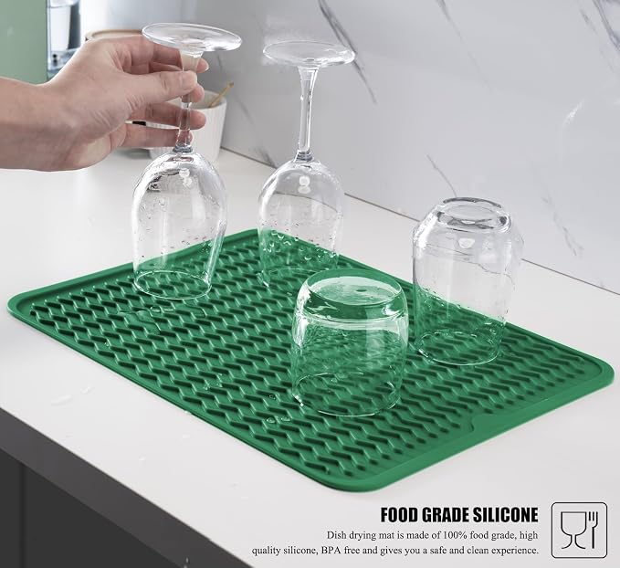 Silicone Dish Drying Mat, Non-Slip Easy Clean Sink Mat, Dark Green, 12"x12" | Quick-Dry Ridges, Large Heat-resistant Dish Drainer Mat for Kitchen Counter, Hangable & Roll-Up for Storage, Dishwasher Safe