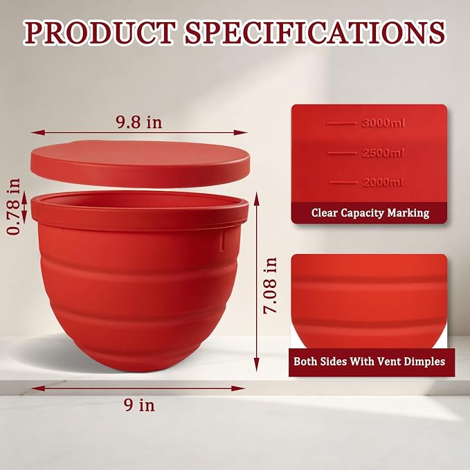 Silicone Bowl Liners for KitchenAid 5Qt Stand Mixers, 3 Liners with Lids | 2mm Thicker Foldable Mixer Inserts, Fits 5 Quart Mixing Bowl, Cold/Heat-Resistant & Dishwasher Safe, Non-Stick