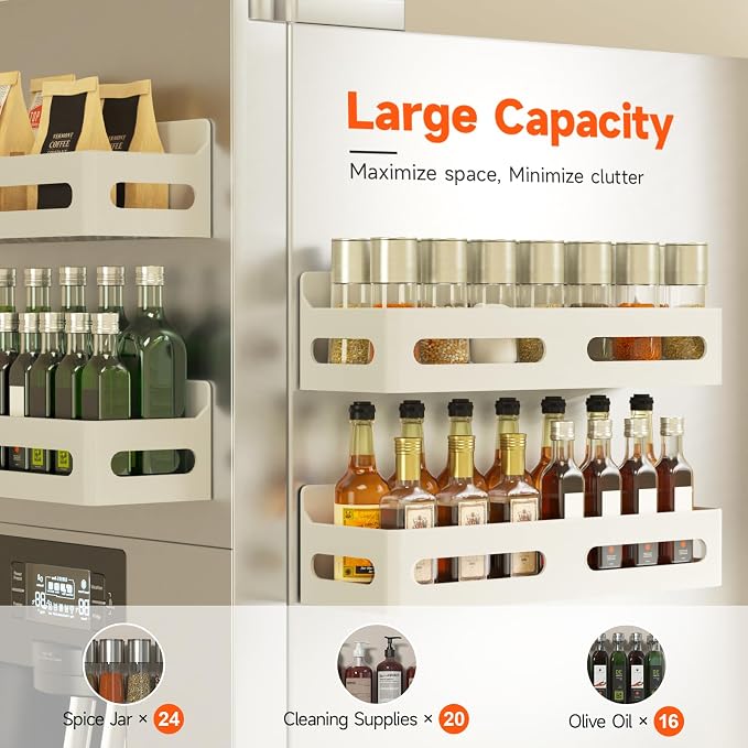 2-Pack Magnetic Spice Rack for Refrigerator with Hooks, White | Strong multipurpose magnetic shelf for kitchen & bathroom organization. Includes 4 removable hooks for hanging items.