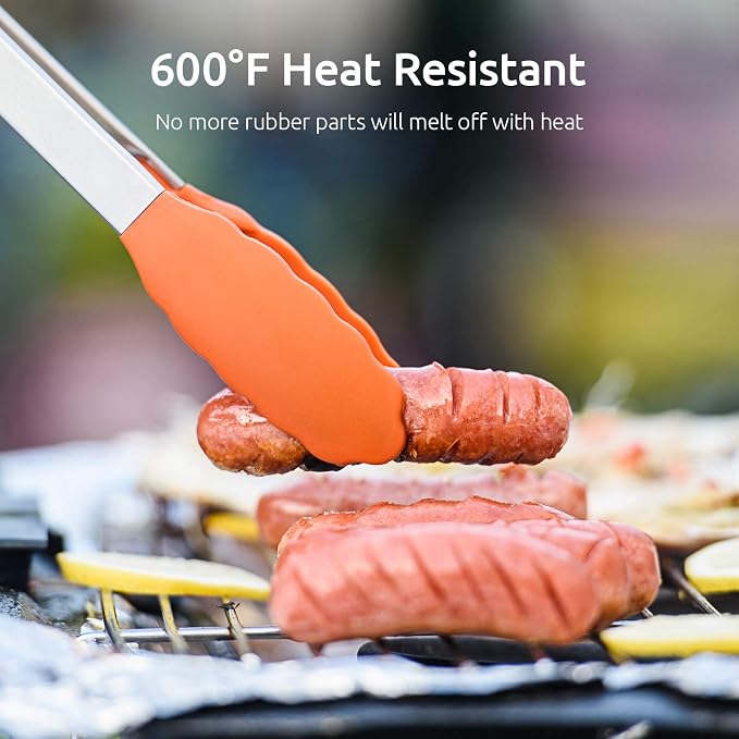 U-Taste Kitchen Tongs for Cooking, 600ºF Heat-Resistant Tps, 3Pcs/Orange | Silicone Tong Set 7/9/12in, Salad/Grill/BBQ Plastic Tongs for Food Serving, Rubber Thong with 18/8 Stainless Steel Handle