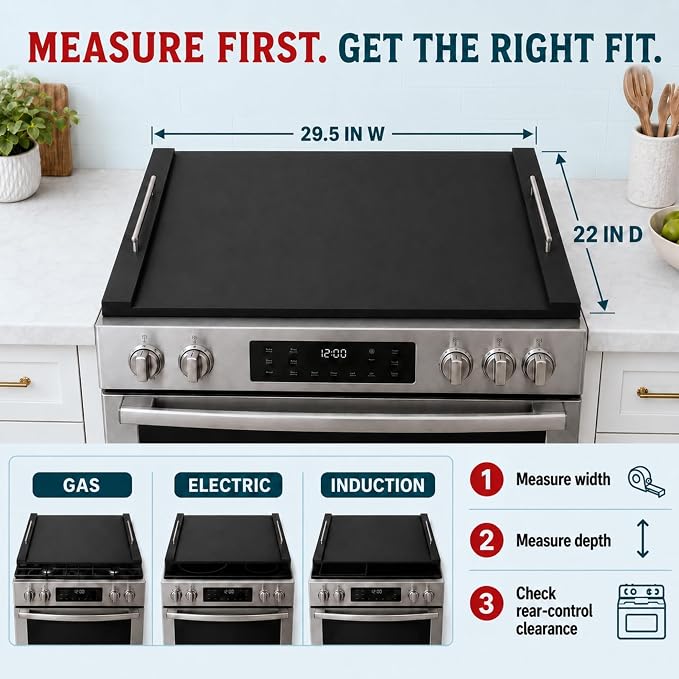 RVTHEUS® Noodle Board Stove Cover, 29.5x22", for Gas & Electric Stoves | Includes 3 Handle Pairs in Black, Gold & Silver, Stove Top Covers for Gas Burners, Stove Covers for Gas Stove Top