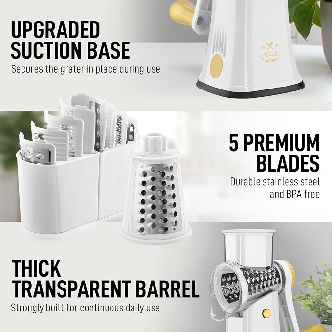 Zulay Kitchen Rotary Cheese Grater 5 Blade Cheese Shredder - Manual Hand Crank Cheese Grater With Reinforced Suction & 5 Interchangeable Drums - Easy to Use, Vegetable Chopper Round Mandoline Slicer