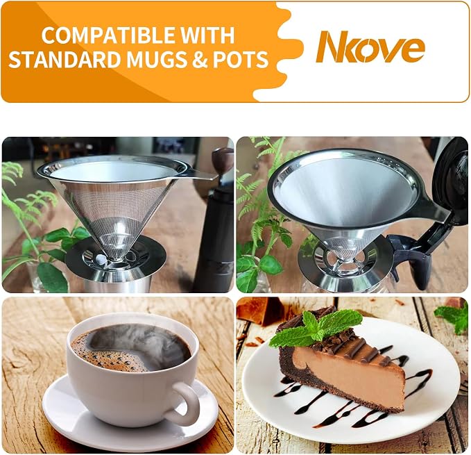 NKOVE Pour Over Coffee Dripper Stainless Steel Reusable Filter Coffee Maker | Reusable Metal Cone Filter, Fine Mesh Stainless Steel, Home Pour Over Brewing, Paperless Coffee Filter