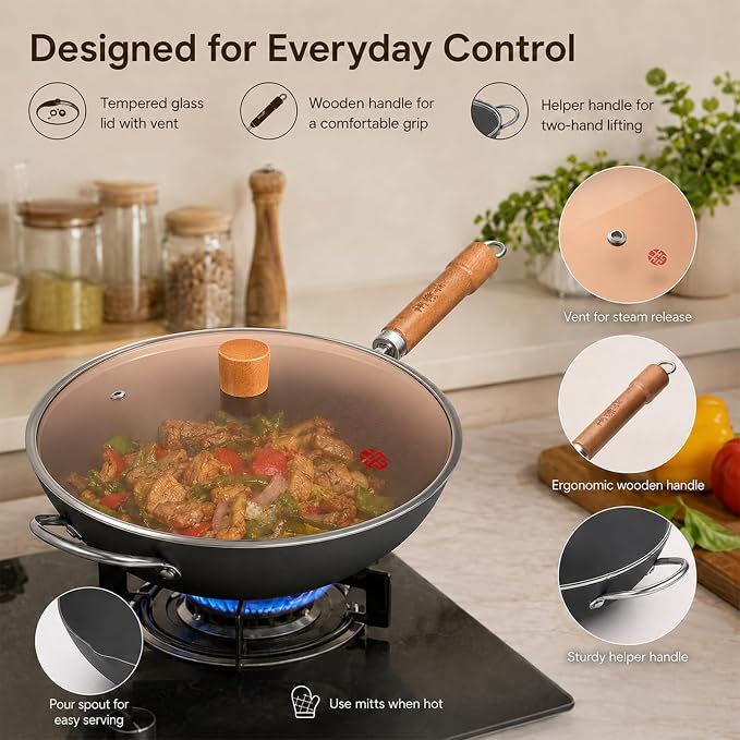 WANGYUANJI Carbon Steel Wok Pan, 13.4" Woks & Stir-Fry Pans with Glass Lid No Chemical Coated Flat Bottom Iron Wok for Induction, Electric, Gas, Halogen All Stoves | Uncoated Stir Fry Pan with Wooden Handle for Gas, Electric, Induction, Ceramic & Halog...