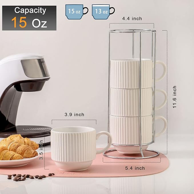 HASENSE 15 oz Ribbed Stackable Coffee Mug Set of 4, Porcelain Latte Cups with Metal Rack, Dishwasher & Microwave Safe, Cappuccino Tea Hot Cocoa, White