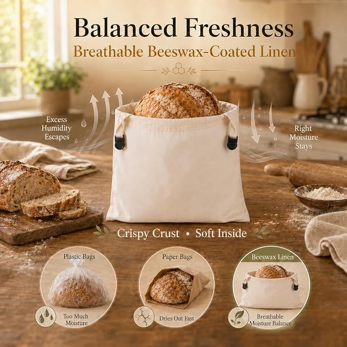 Beeswax Bread Bags Linen 2-Pack for Sourdough (13x17in): Longer Fresh | Stays Fresh Days Longer Reusable Linen with Natural Beeswax Coating Moisture Lock Eco-Friendly Daily Baking Travel & Gift