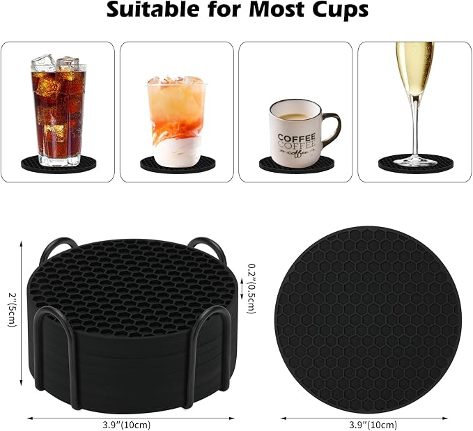 Silicone Coaster Set of 16 with Holder - Anti-Slip, Non-Stick, Anti-Overflow Tabletop Protection and Decor (Black, 16 Pcs)