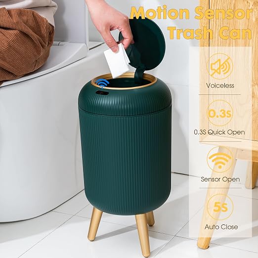 Bathroom Trash Can Automatic Touchless,Gold Green Small Garbage Can | 3 Gallon Smart Sensor Trash Bin,Plastic Waste basket with Lid and Legs Touchless Trash Bin for Kitchen,Bedroom,Toilet,Office