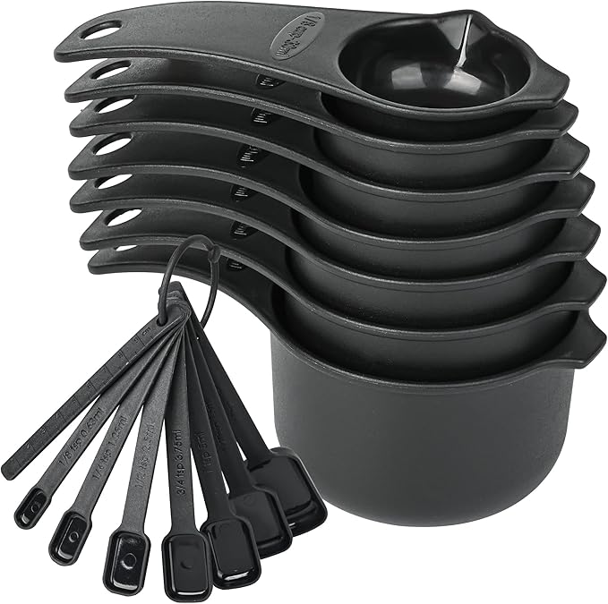 Measuring Cups and Spoons Set 15, Black Dry & Liquid Plastic Measuring Cups and Spoons, Metric & US 7 Measure Cups & 7 Measure Spoons for Kitchen & Baking
