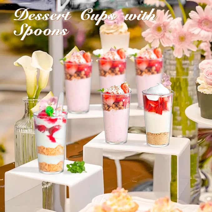 mwellewm 240 Pcs Dessert Cups with Spoons 120 Pcs 3 OZ Mini Clear Plastic Dessert Parfait Cup 120 Pcs Spoons for Party Small Round Serving Wine Shot Disposable Fruit Ice Cream Mousse Appetizer Bowl