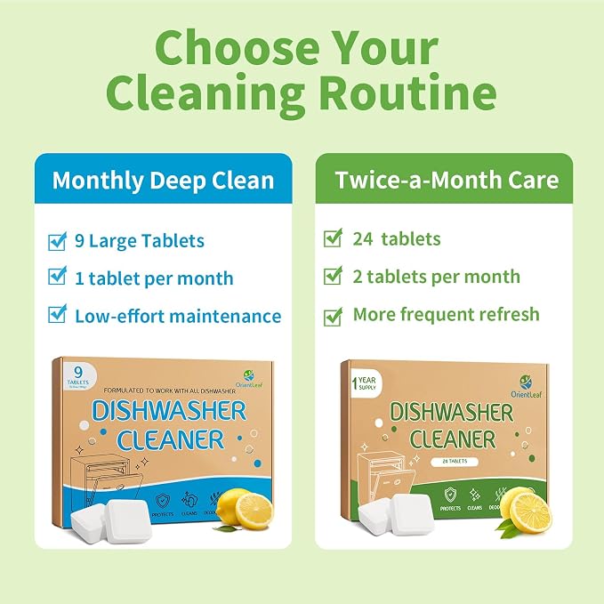 OrientLeaf Dishwasher Cleaner And Deodorizer 24 Pack, 1 Year Supply Dishwasher Cleaning Tablets, Descaler, Removes Limescale, Hard Water Marks, Grease and Odors, Lemon Scent