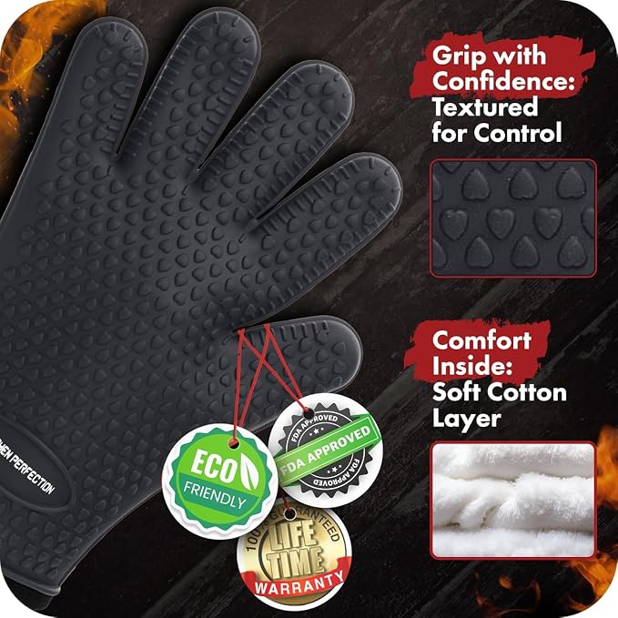 KITCHEN PERFECTION Silicone Smoker BBQ Gloves - Heat Resistant Oven Mitts | Waterproof, 5-Finger Design For A Better Grip, for Pitmasters, Meat Smoking, Grilling, Cooking, Frying Turkey | Grill Gift