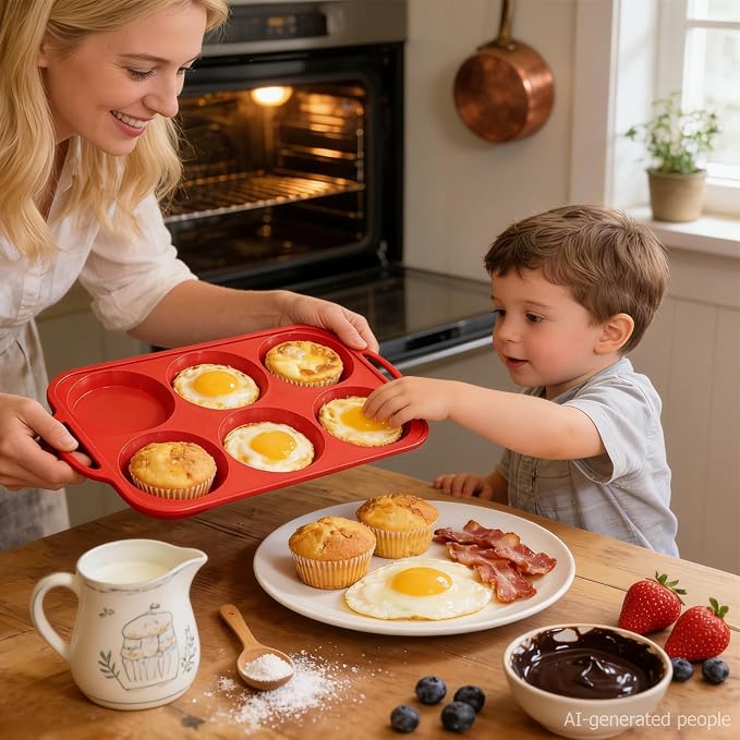 4 Inch Muffin Top Pan Non Stick with Metal Frame, Silicone Egg Molds | for Breakfast Sandwiches, Large Round Whoopie Pie Baking Pan with Handle for English Muffin, Egg Bite and Oven, Red Toeusog