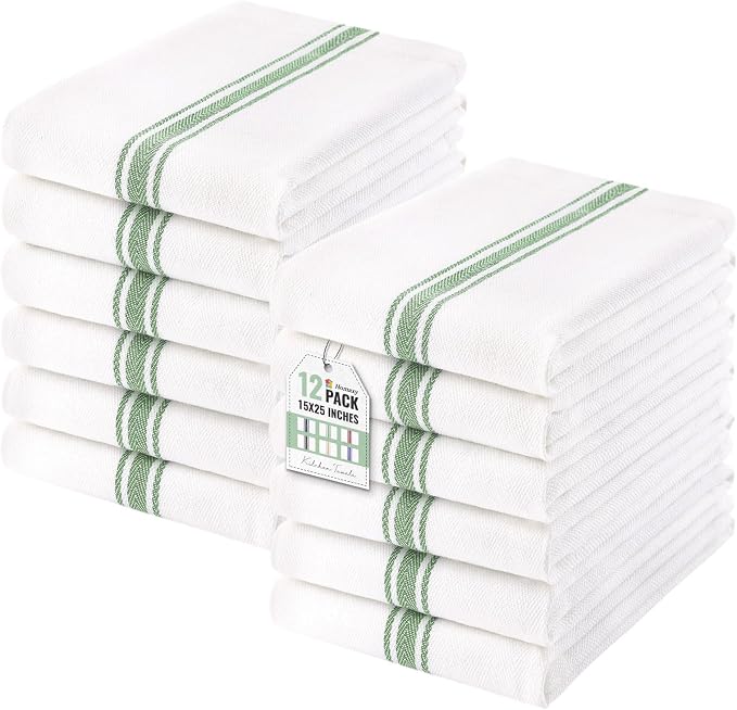 Homaxy 100% Ring Spun Cotton Kitchen Towels 12 Pack, Grass Green Stripe | 15 x 25 Inch, Highly Absorbent Dish Towels for Kitchen Drying, Reusable Cleaning Cloths, Soft Tea Towels with Hanging Loop