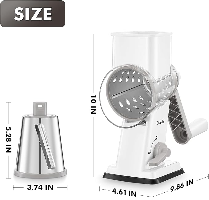 Geedel Upgraded Rotary Cheese Grater Hand Crank, Vegetable Shredder Slicer | 4 Blades, Stronger Suction Base, Wider Chute, 18x Faster Cutting, No BPA, Stainless Steel, for Cheese, Veggies, Nut