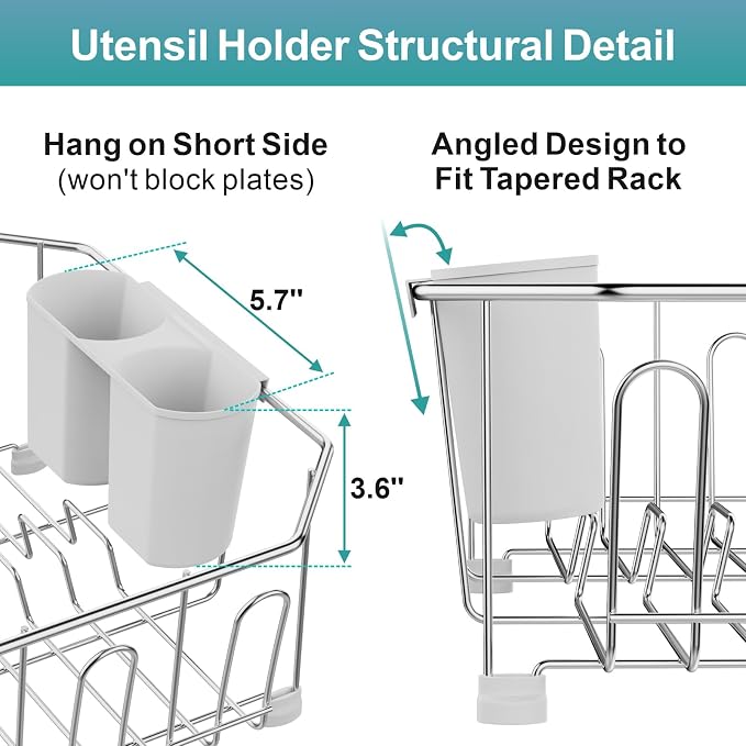 Small in Sink Dish Drying Rack - Stainless Steel for RV Kitchen | Compact Design for Apartments, Angled Corners Fit Square & Round Sinks, Utensil Holder, Cup Hooks, 1-2 Person, 11.6" x 13.4"