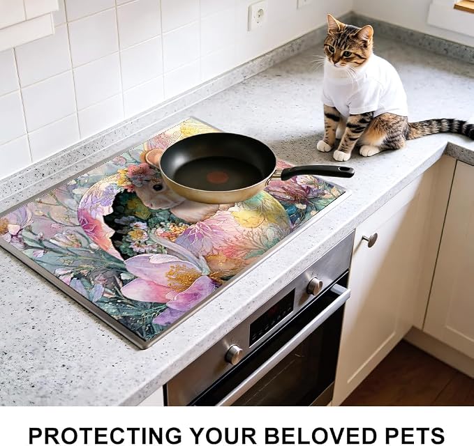 Stove Top Cover for Electric Stove 28.4 x 20.5 Inch Non Slip Stove Mat Oil Proof Easter Bunny Floral Glass Cooktop Protector Kitchen Mat