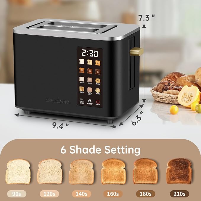 SEEDEEM Touchscreen Toaster 2 Slice, Stainless Steel, 6 Shade, 900W, Black
