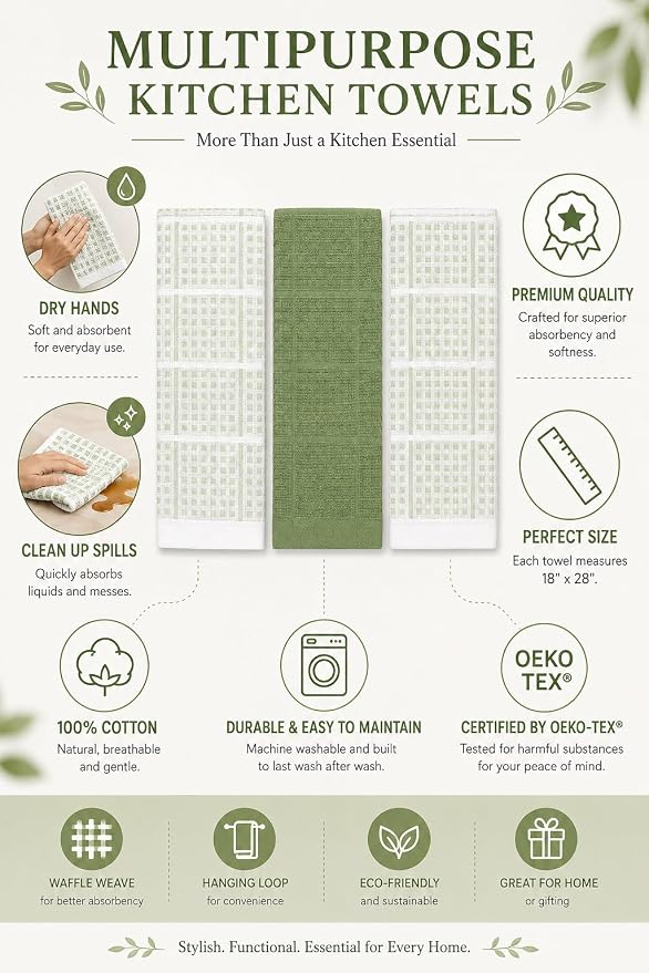 Sage Green Kitchen Dish Towels – Set of 3 100% Cotton Cloth Soft Cleaning Drying Absorbent Textured Waffle & Checkered Weave – Oversized 28" x 18" Multipurpose Towels for Everyday Use