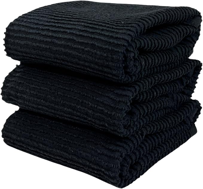 Black Kitchen Hand Dish Towels, Set of 3, 100% Cotton, 18" x 28" | Terry Loop Ribbed Textured, Soft & Absorbent Cleaning Cloth, Quick Dry, Multipurpose for Everyday Use