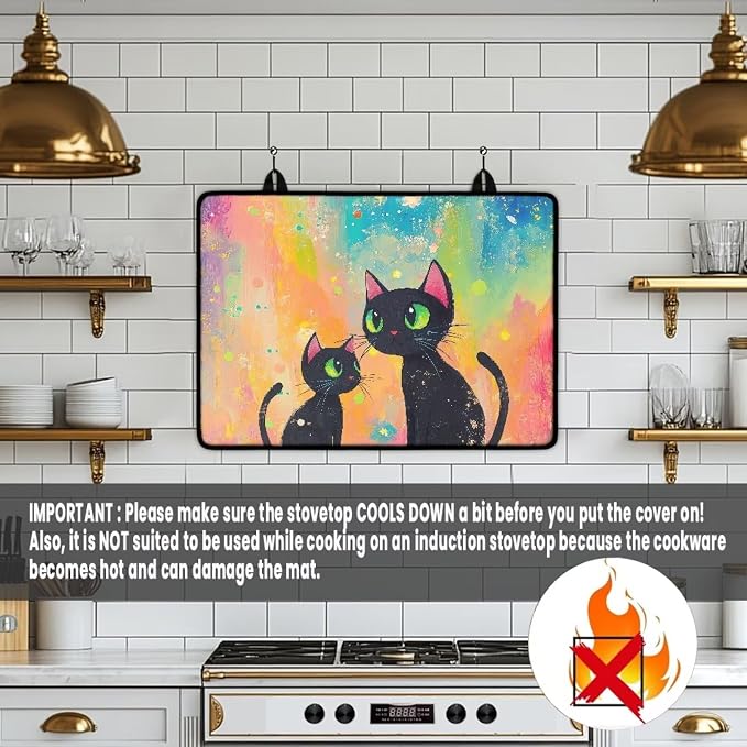Cartoon Black Cat Oil Painting Print Stove Top Covers for Electric Stove Thick Induction Silicone Stove Cover Mat Anti-Slip Range Covers Ceramic Table Protector, 29.18 x 20.96 inch