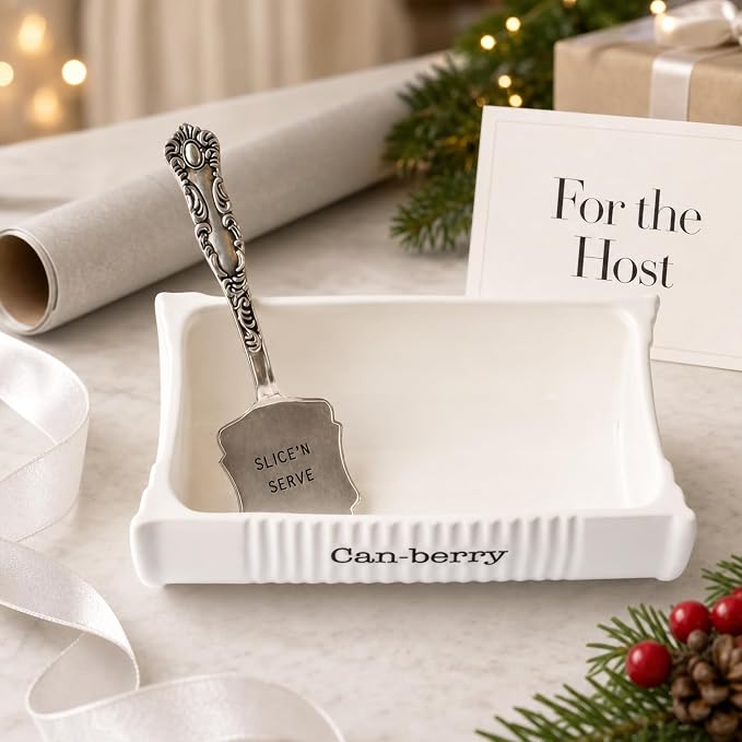 Mud Pie Can-Berry Ceramic Cranberry Serving Dish, Includes Spatula | Holds 1 Can Cranberries, Holiday, Thanksgiving, and Christmas Novelty Serveware, White, Cranberry Dish Server