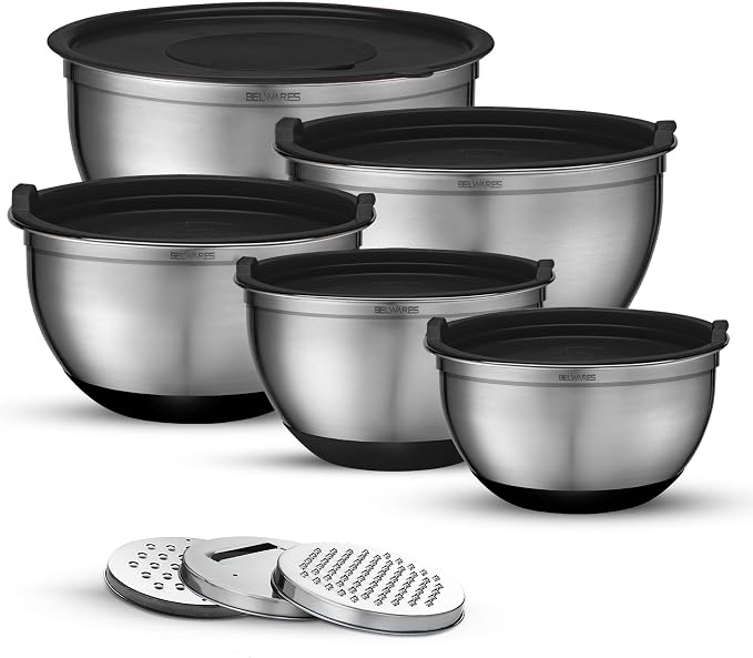 Mixing Bowls with Lids Set of 5 - Stainless Steel Nesting Metal Bowl Set | Airtight Lids, Non Slip Bottoms, 3 Grater Attachments Included, Nesting Design Saves Space for Baking, Food Prep and Storage